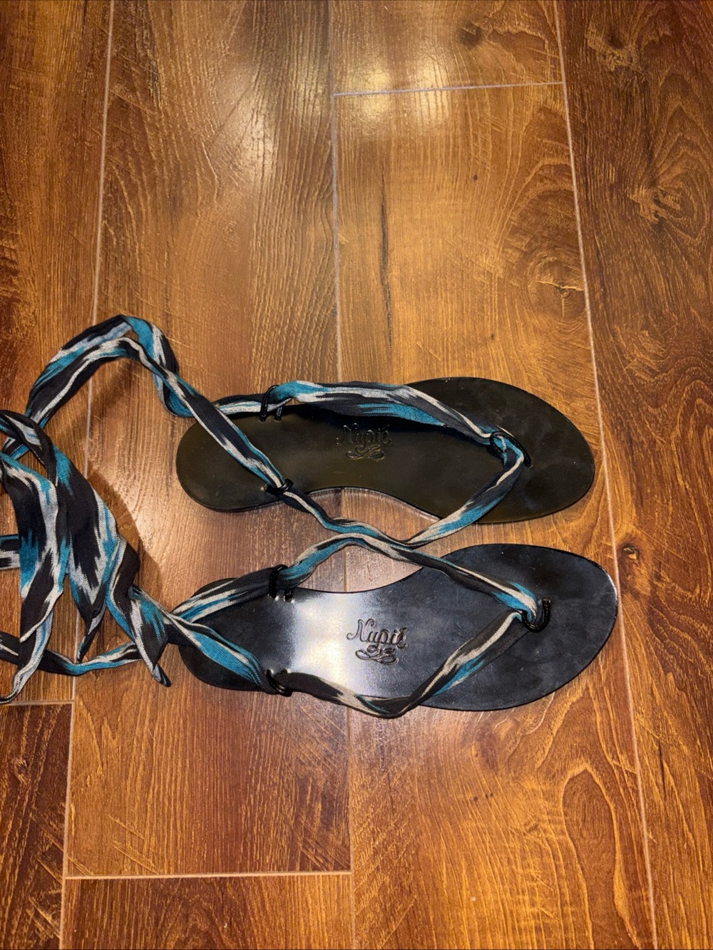 Nupie Italian Leather Sole Black Sandal Wrap Flats with Teal Patterned Straps